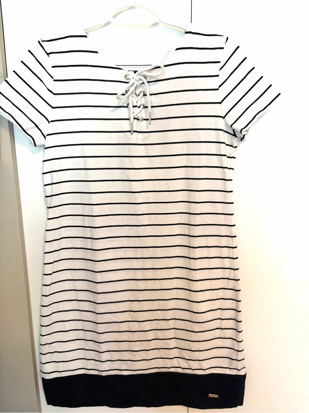 TOMMY HILFIGER White & Black Striped Lace-Up Dress